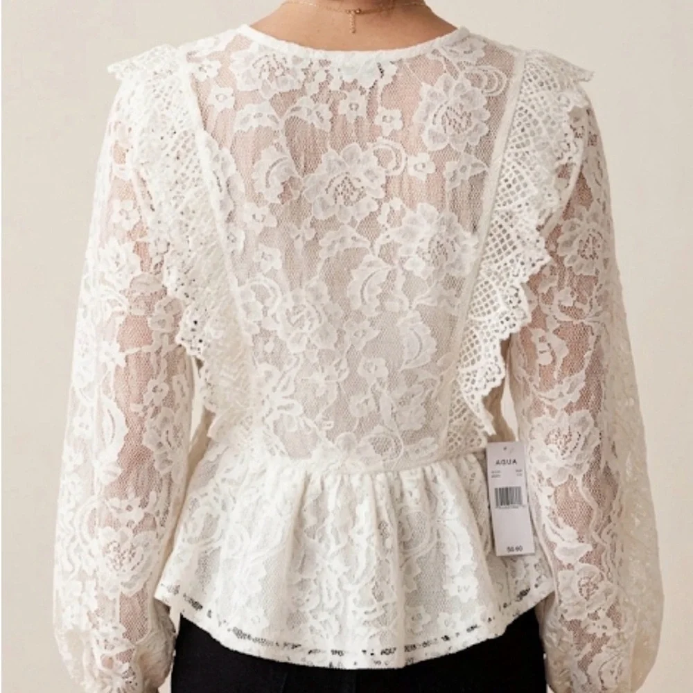 Aqua Ivory Lace V-Neck Peplum Top Size 0 Like New Sheer Sleeve Blouse - Picture 2 of 4